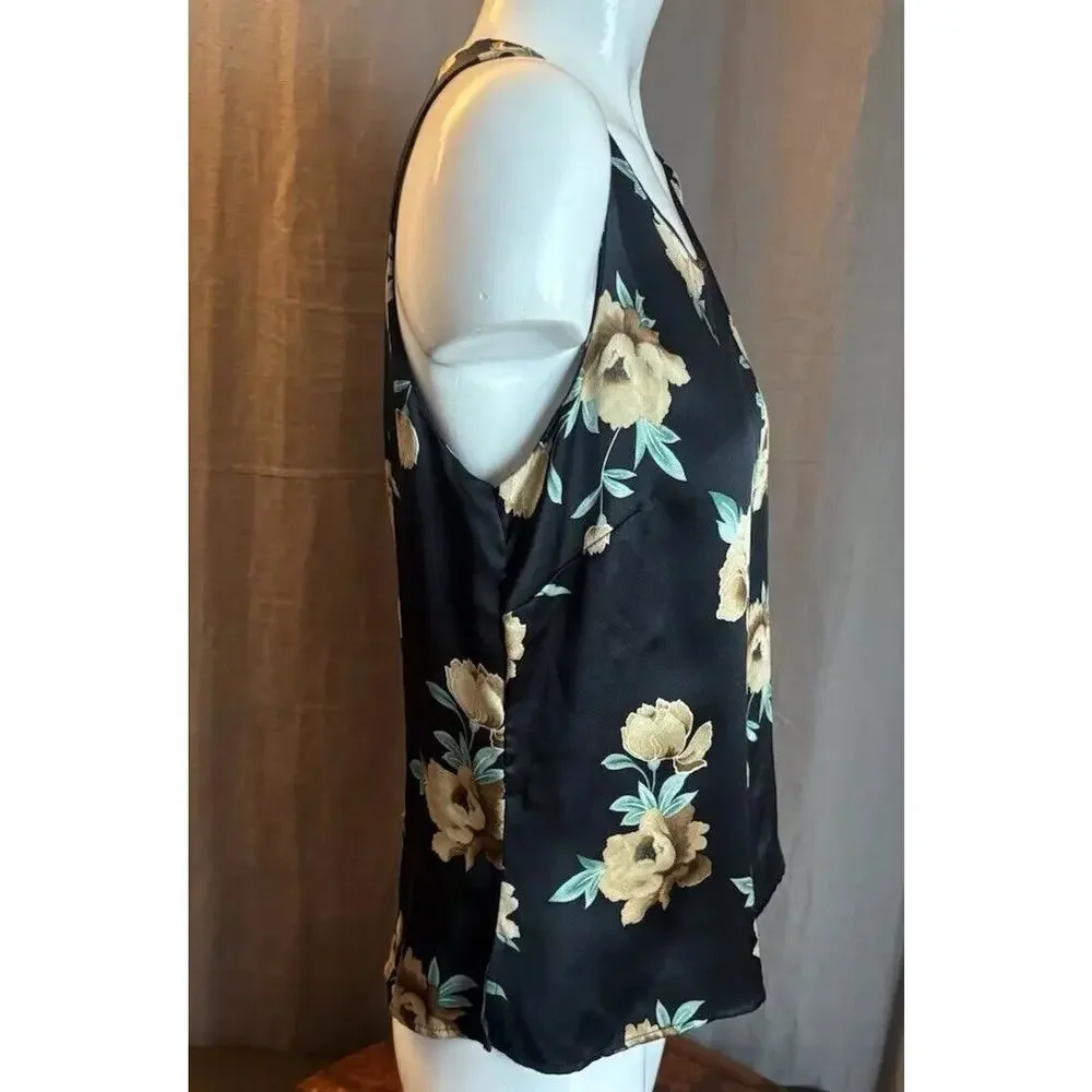 Kate Hill Silk Top Satin Black Tank Sleeveless Size 8 Floral Roses